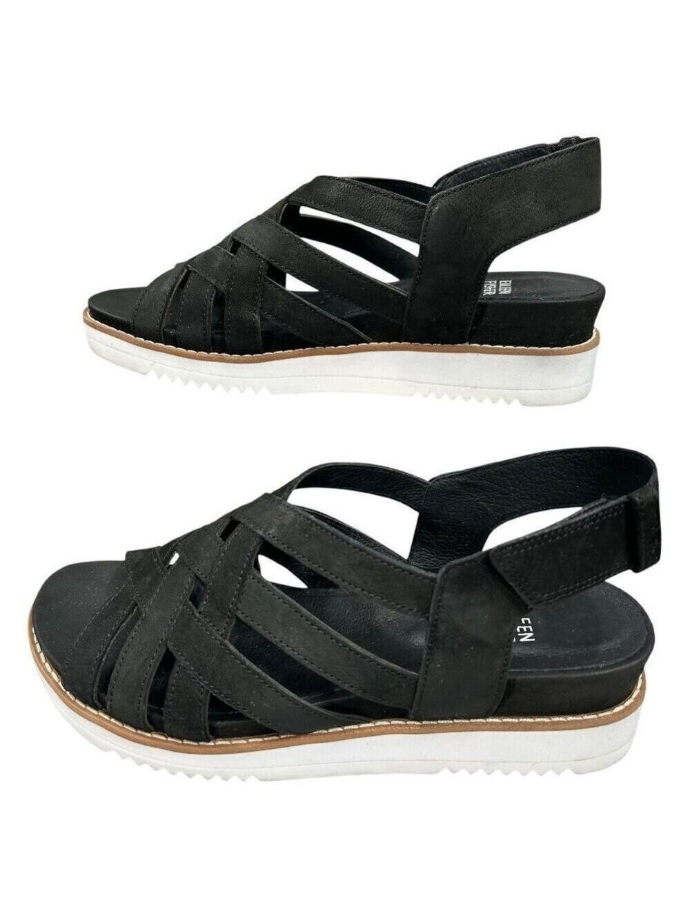 Eileen Fisher Black Suede Leather Strappy Platform Sandals Size 7.5